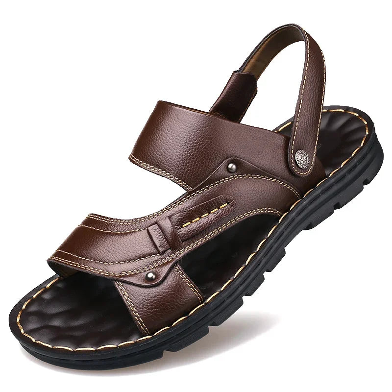 Riolio Men's Summer New Sandals and Slippers Men's Leather Sandals Adult Thick-soled Beach Shoes Non-slip Open-toe Leather Sandals