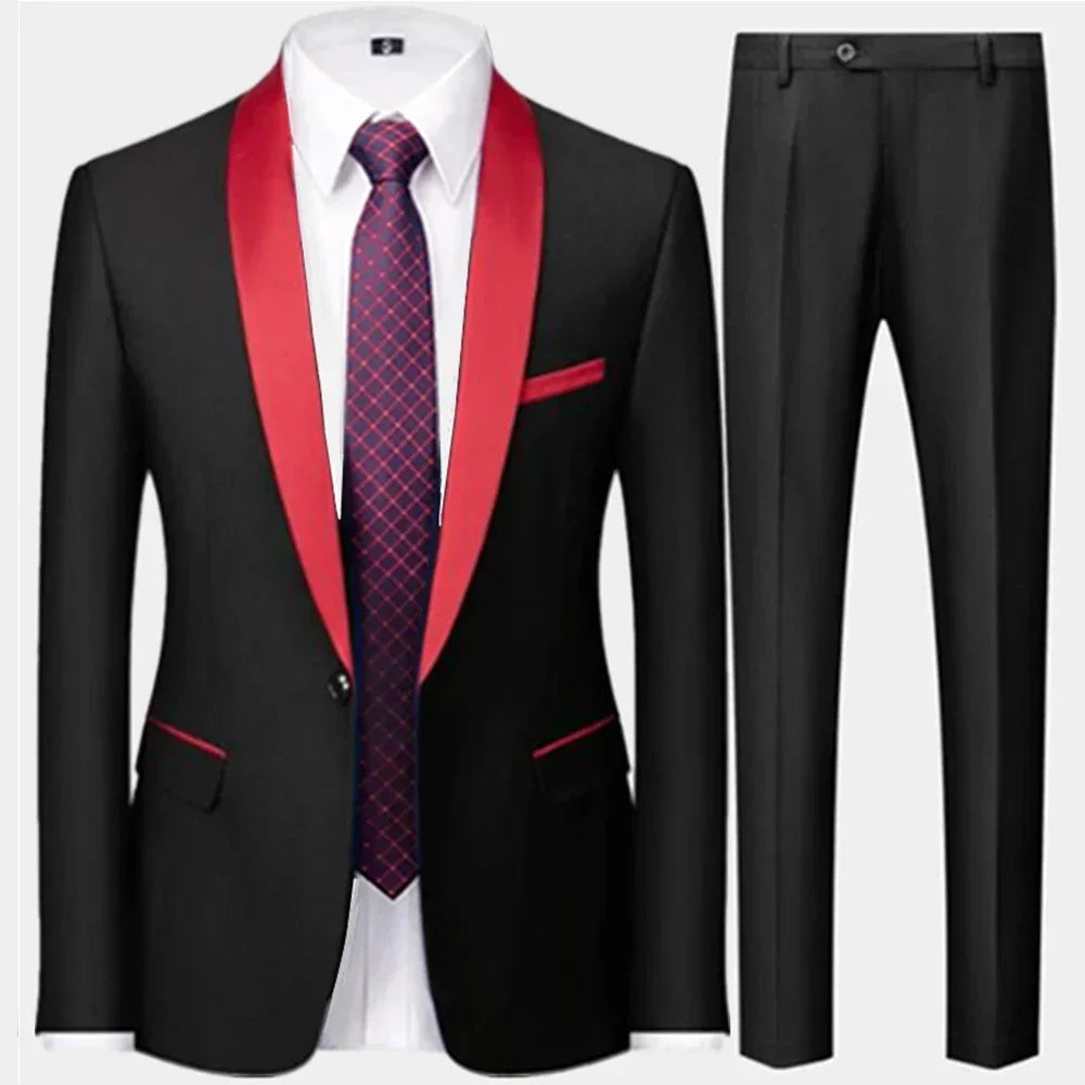 Riolio 3 Pieces Set Men's Business Blazers Coat / Male Slim Fit Color Matching Collar Suit Tuxedo Leisure Jacket Pants Vest Wedding