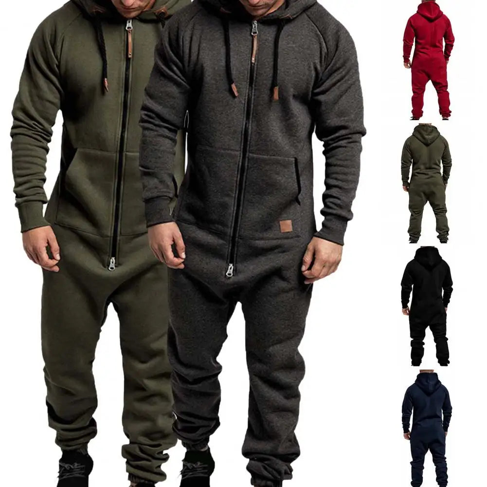 Riolio Mens Onesie Jumpsuit Pajamas Long Sleeve Sweatpants Pure Color Splicing Autumn Winter Casual Hoodie Male Zipper Jumpsuit