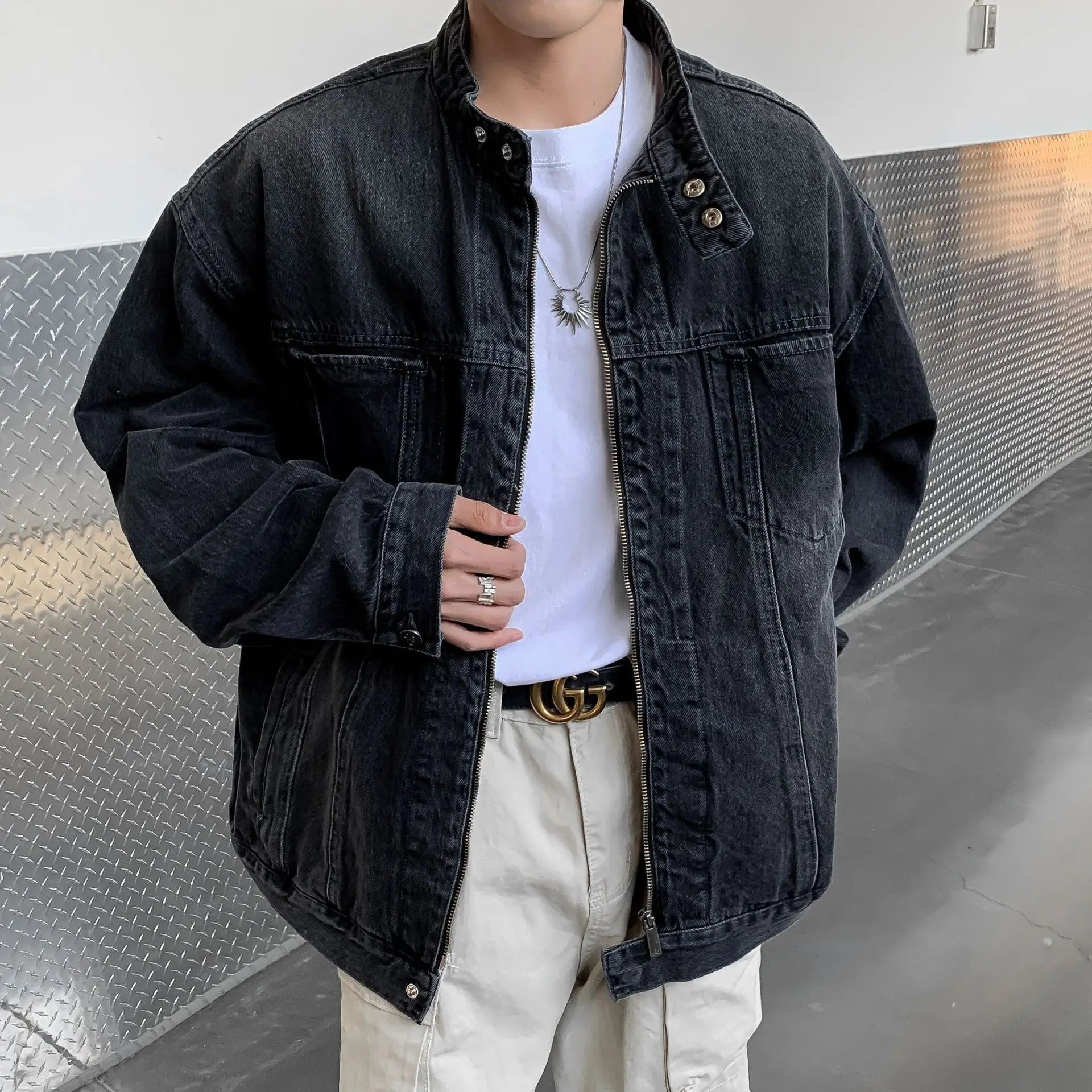 Riolio New High Street Men's Zip-up Denim Jackets Casual Washed Streetwear Stand Collar Texture Korean Harajuku Retro Long Sleeve Coats