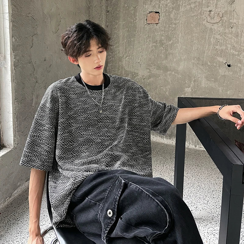 Riolio Men Oversized Round Neck Breathable Knit Tshirt Loose Fit Cotton Casual Summer Streetwear Comfort Tee Airy Fashion Basic Top