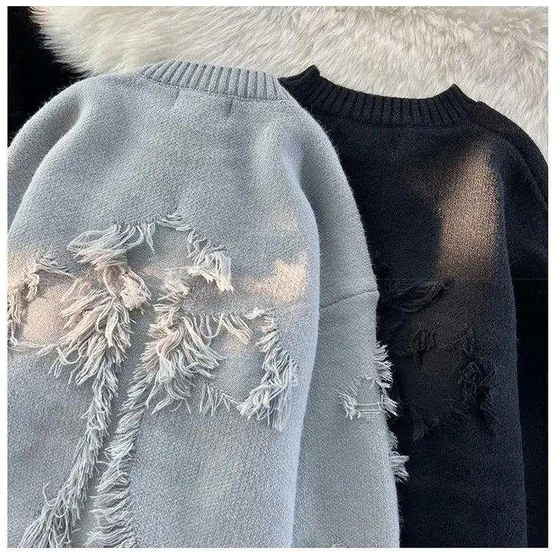 Riolio Y2k Streetwear Sweater Men New Retro Hole Fringed Sweater Loose Versatile Knitwear Pullovers Long Sleeve Jumpers Clothing