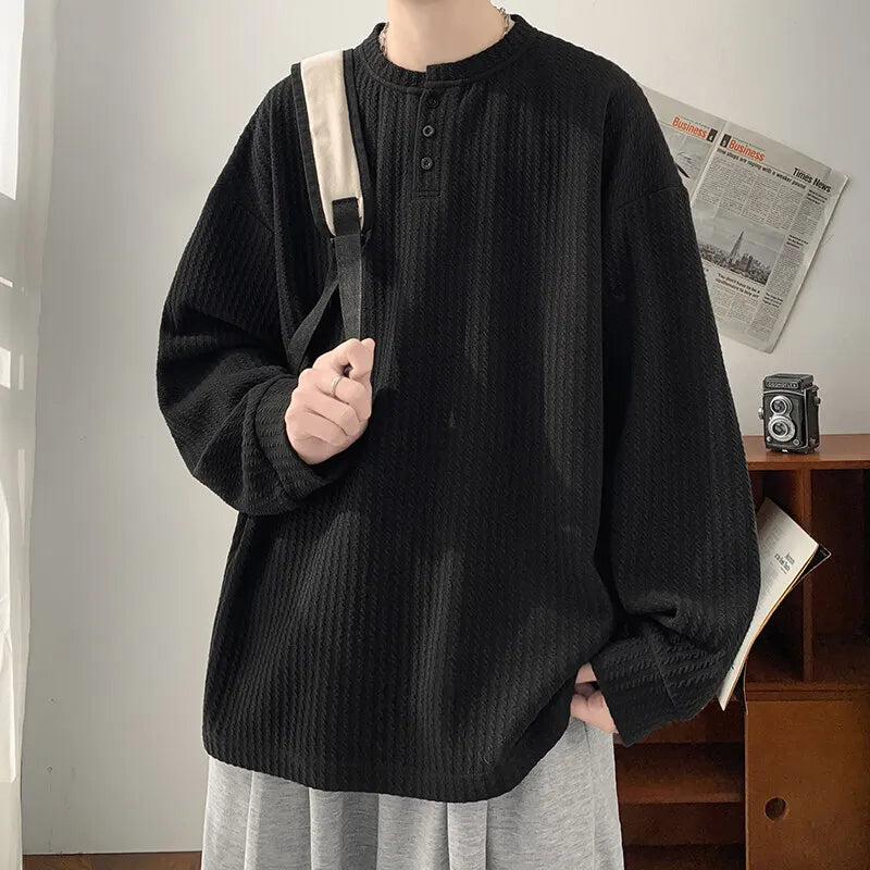 Riolio Long Sleeved T-shirt Men White Casual Round Neck T Shirt Men Streetwear Korean Loose Pleated T Shirt Mens Top Large Size 4XL