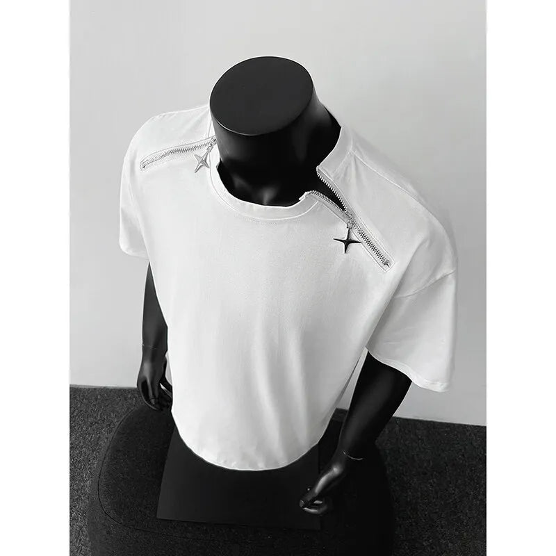 Riolio Breathable Mens Round Neck T-Shirt man Zip Detail Trendy Design New Urban Streetwear Casual Summer Tee Comfort Fit Stylish Soft