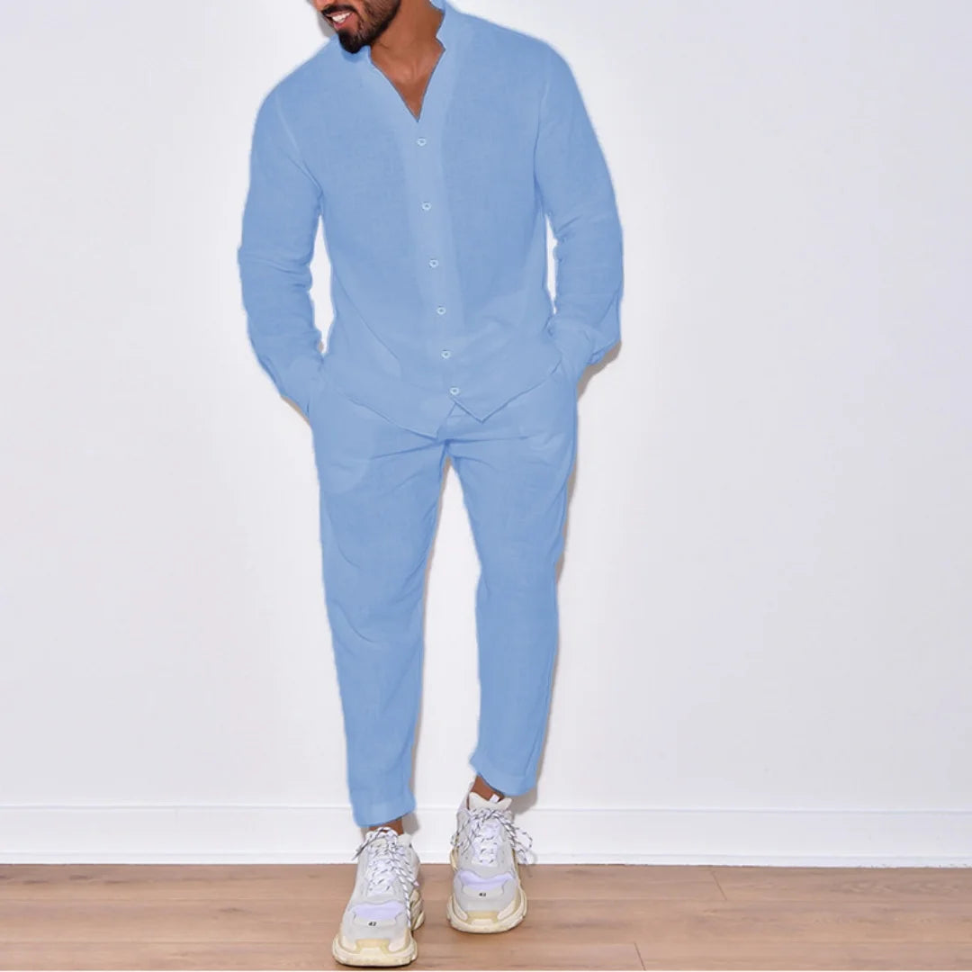 Riolio Autumn men's new fashion solid color suit cotton cardigan lapel long sleeve pants suit