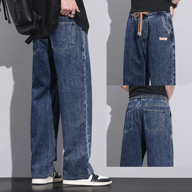 Riolio Men Dark Blue Blue Stretch Elastic Waist Denim Pants Streetwear Loose Full Length Trousers Straight Wide Leg Drawstring Jeans