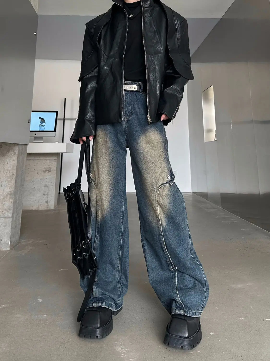 Riolio American high street men and women trendy personalized straight leg washed jeans for couples spring loose retro casual pants y2k