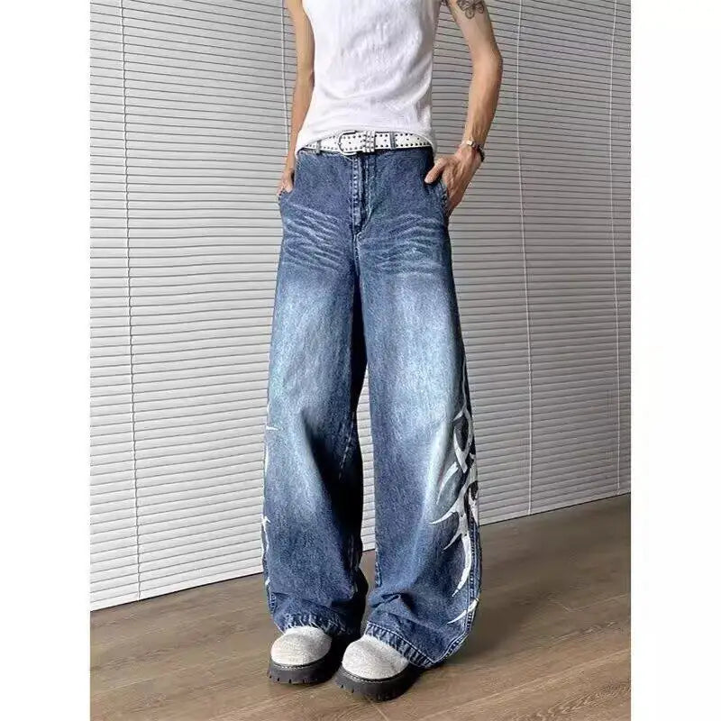 Riolio Men Loose Straight Leg Extra Long Floor Sweeping Jeans Unique Printed Design New Autumn Fashion Trendy Casual Streetwear