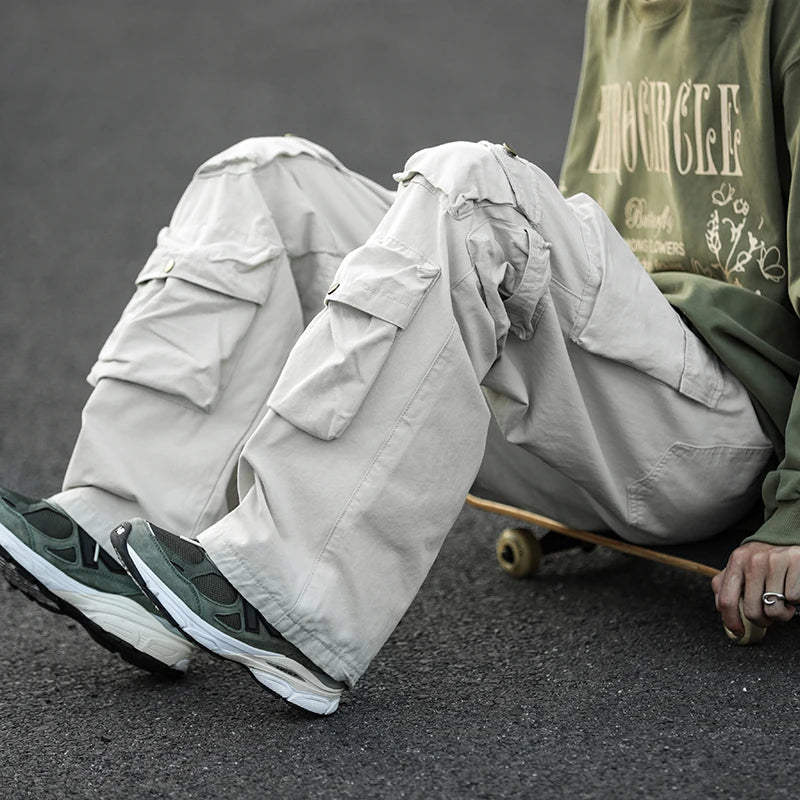 Riolio Japanese Multi-pocket Work Pants Men's Autumn Trendy Loose Straight Casual Pants Hip-hop Retro Design Trousers Aesthetic Chic