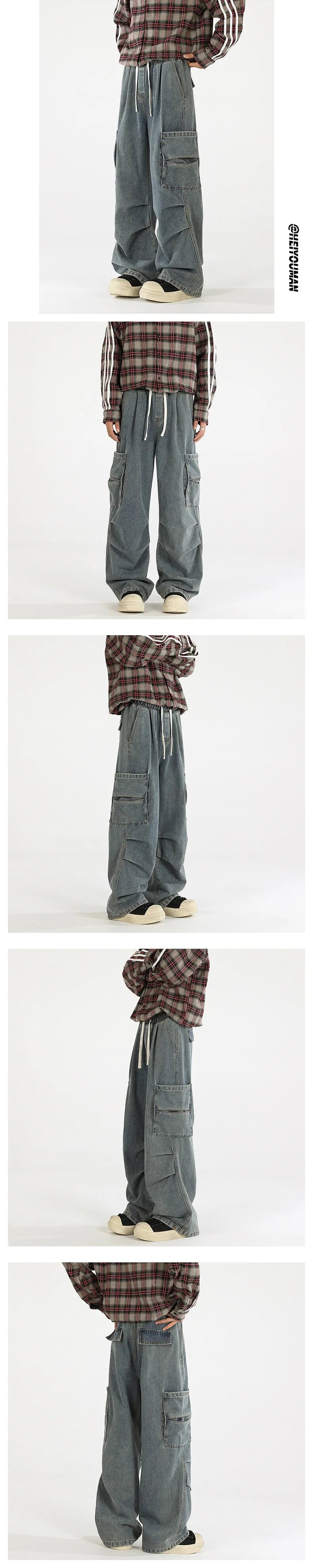 Riolio Loose straight Jeans Men Denim Cargo Pants Wash Solid Color Multi Pockets Casual Mid Waist Trousers Unisex Daily Wear Joggers