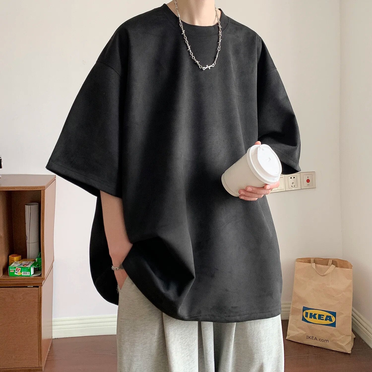 Riolio Summer Casual Short Sleeve T-Shirts Men Suede Loose Solid Round Neck T Shirts Man