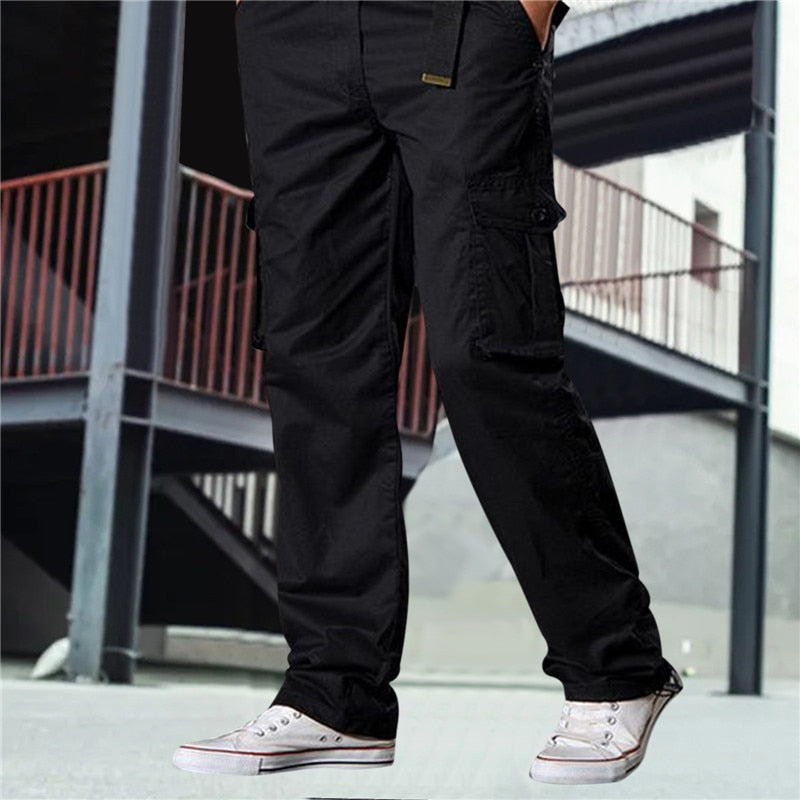 Riolio Men's Casual Cargo Cotton Pants Men Pocket Loose Straight Pants Elastic Work Trousers Brand Fit Joggers Male Large Size