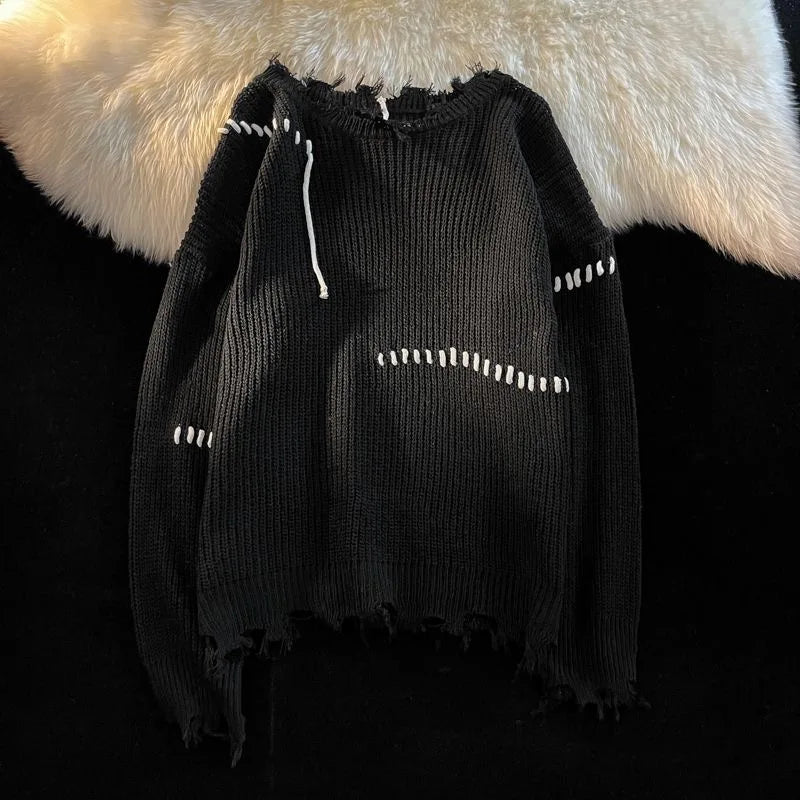 Riolio Vintage Hole Tassels Sweater Men Women Autumn Long Sleeves Kint Tops Fashion Loose Knitted Pullover Couples Unisex Streetwear