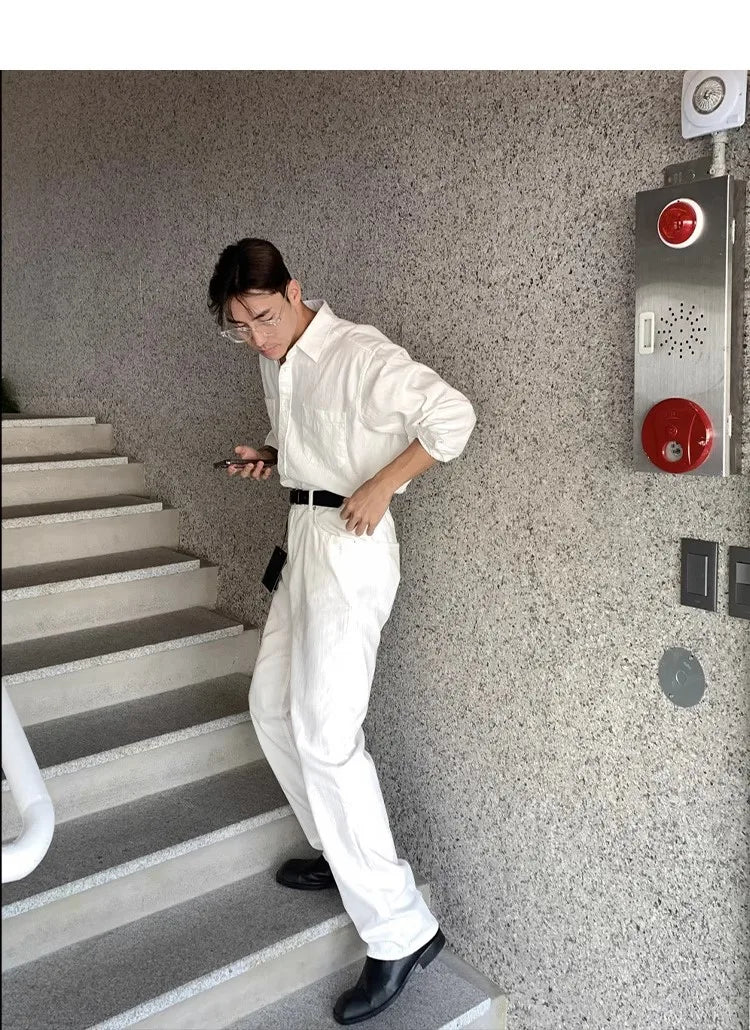 Riolio New Men Luxury Korean Style Shirts Casual Long Sleeve Drapped Solid Color Button-down Cardigan Fashion Business Leisure Blouse