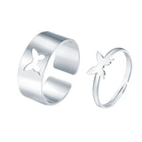 Riolio Valentines Day Gift Silver Color Butterfly Rings For Women Men Lover Couple Ring Set Friendship Engagement Wedding Band Open Ring Trend Jewelry