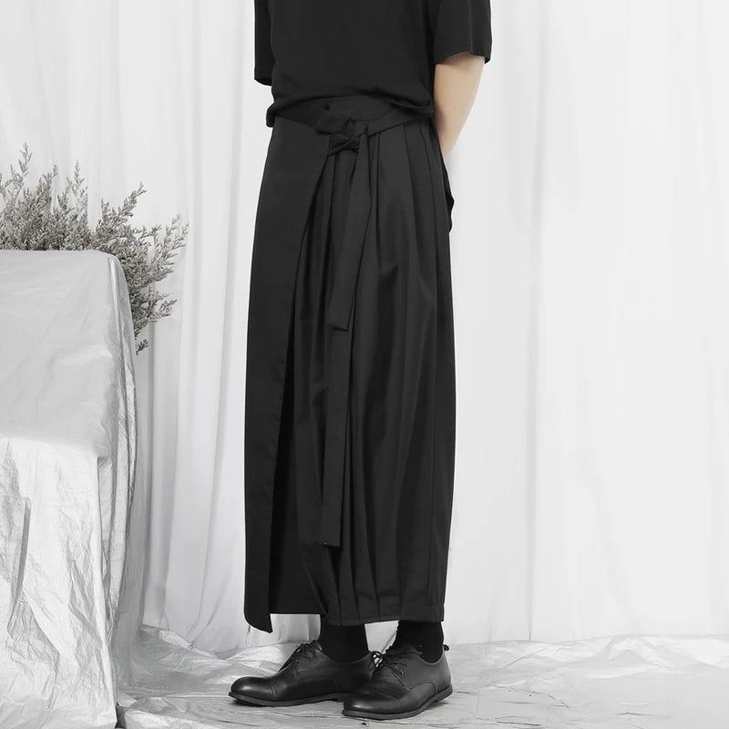 Spring/Summer Casual Wide Leg Pants for Men's Dark Knight Pants Original Four Seasons  Asymmetric Loose Crop Nine Pants