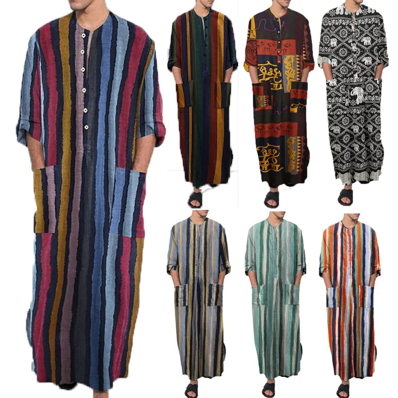 Riolio Men's Muslim Long Sleeve Cotton Striped Robes Islamic Arabian Kaftan Suit Middle East Dubai Abaya Retro Spring Clothing 2025 New