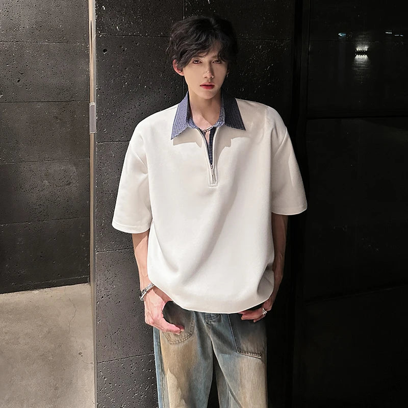 Riolio POLO shirt Mens Luxury new Solid Color Half Zip Polo Checkered Collar Stylish Trendy Streetwear T-Shirt Urban Fashion Casual Wear