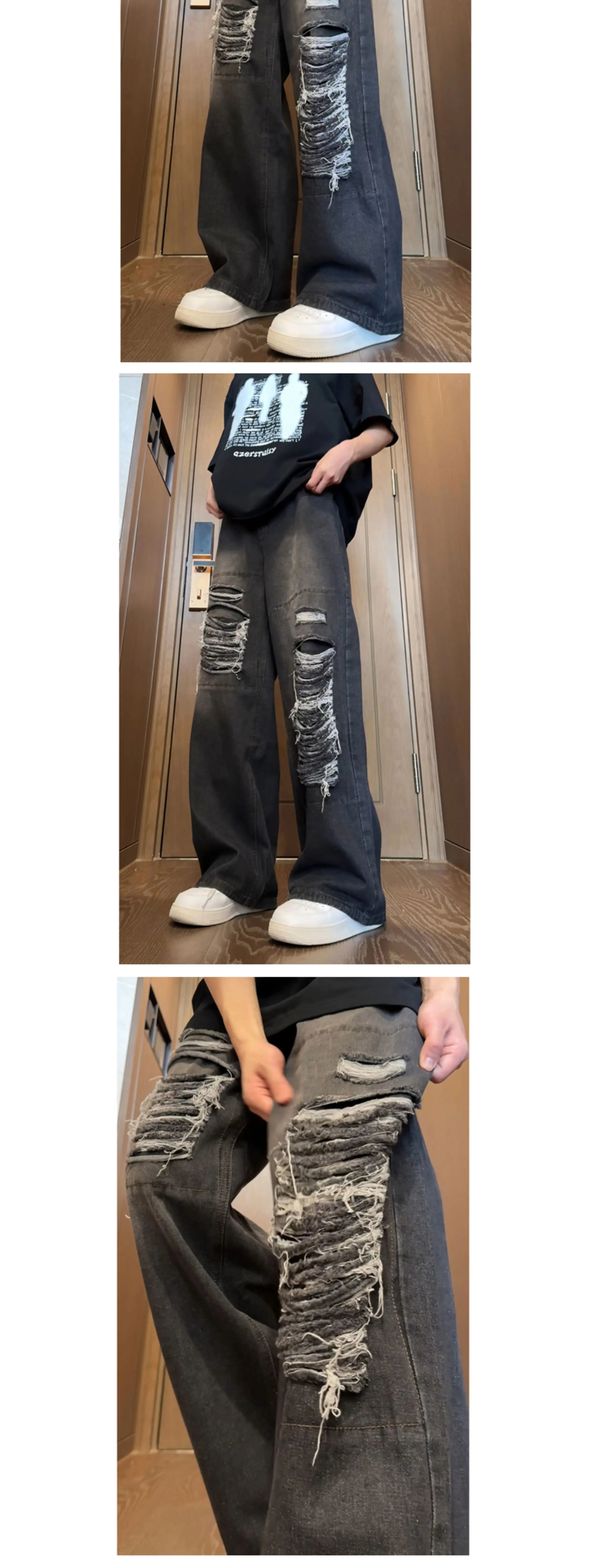 Riolio Beggar jeans men Vintage Streetwear Ripped Hole Jeans Men Women Harajuku Aesthetic Wide Leg Denim Trousers Unisex Straight Pants
