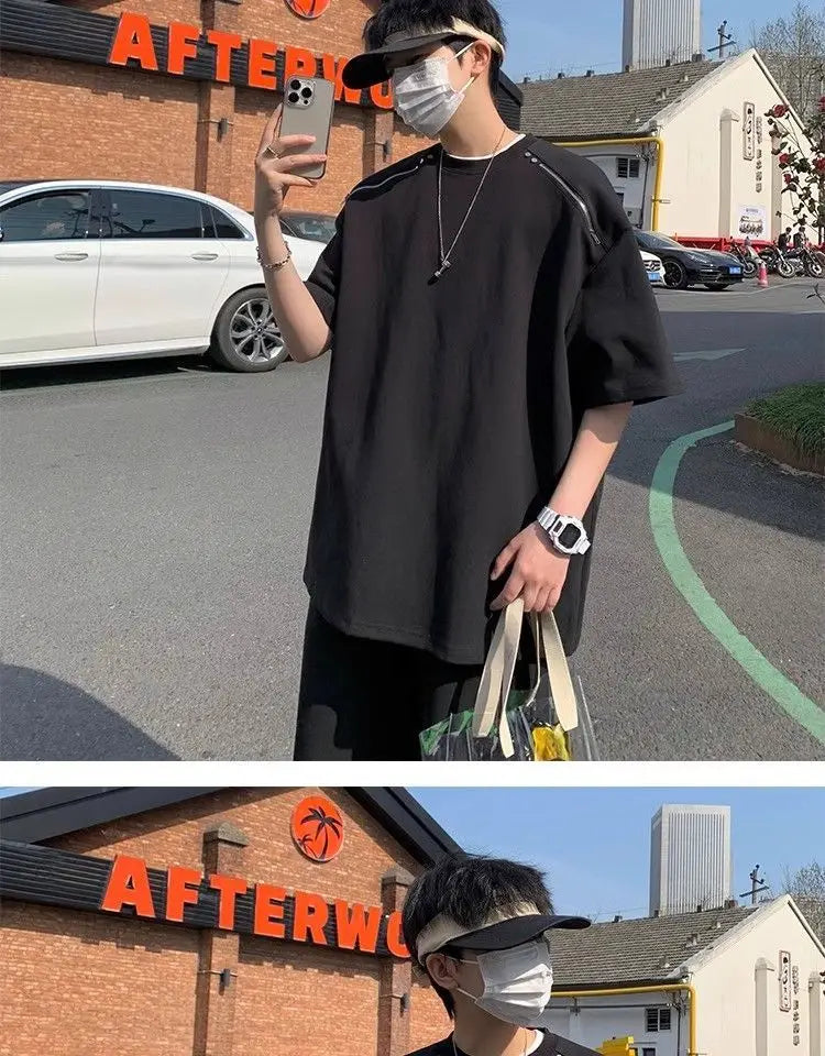 Riolio American Heavy Double Zipper Sports Suit Men's Summer Trendy Design Handsome Short-sleeved Shorts Casual Two-piece Set Urban