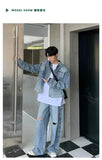 Riolio Autumn Denim Set Men Denim Jacket +Wide Leg Straight Jeans Casual Loose Solid Color Korean Style Street Stand Collar 2pcs Suit