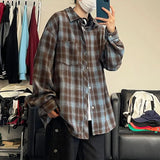 Riolio 5XL Long Sleeved Shirt Men Oversized Retro Plaid Shirt Men Japanese Streetwear Loose Casual Shirt Mens Vintage Shirts Plus Size