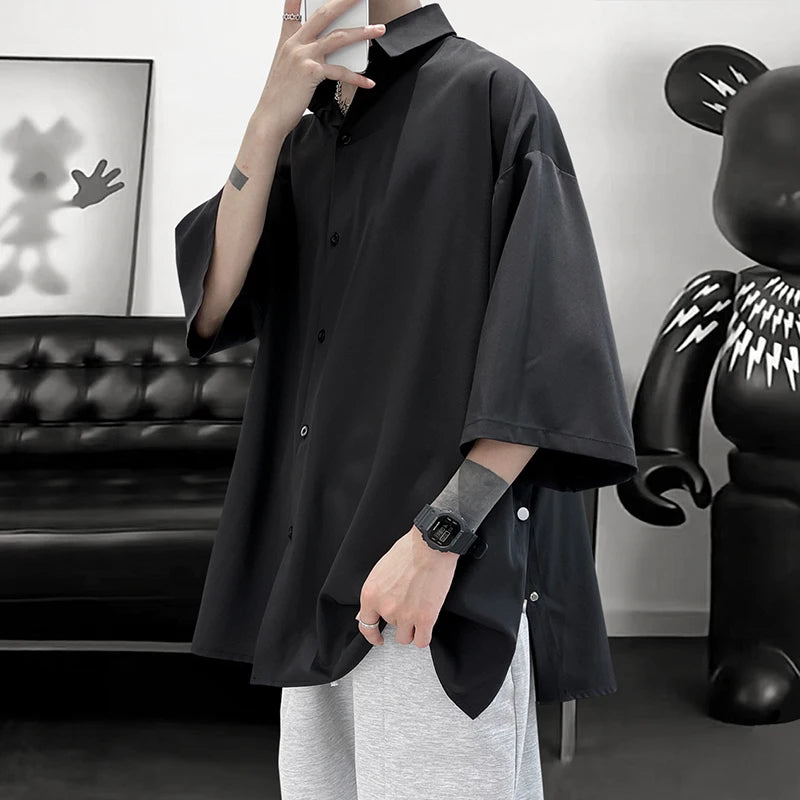 Riolio Summer Short Sleeved Shirt Men Oversized Black White Shirt Men Streetwear Korean Loose Ice Silk Shirts Mens Casual Shirt M-3XL
