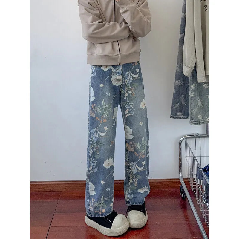 Riolio Flower Jeans Men Fashion Retro Printed Jeans Men Streetwear Hip-hop Loose Straight Jeans Men Baggy Vintage Denim Trousers