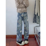 Riolio Flower Jeans Men Fashion Retro Printed Jeans Men Streetwear Hip-hop Loose Straight Jeans Men Baggy Vintage Denim Trousers