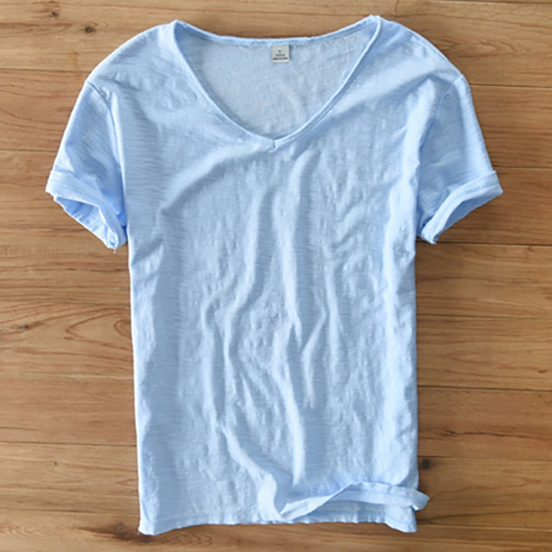 Summer T Shirt Men Linen Cotton Short Sleeve Tshirt V-neck Tops&Tee Breathable Comfortable Slim T-shirt Men Dropshopping