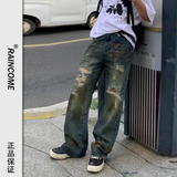 Riolio Y2K Summer American Men and Women High Street Retro Destruction Straight leg Jeans Couple Hip Hop Washed Loose Casual Pants
