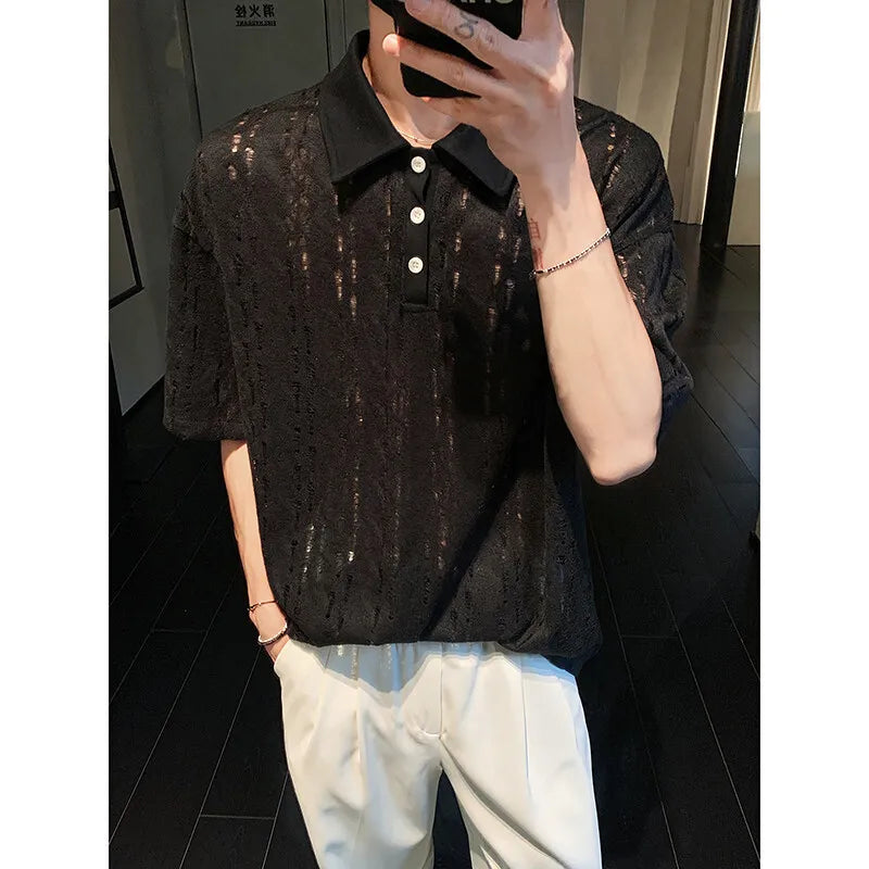 Riolio Mens Summer Short Sleeve Loose Fit Casual polo men Trendy Hollow Out Design Streetwear Fashion Top New Stylish Mesh Tee POLO