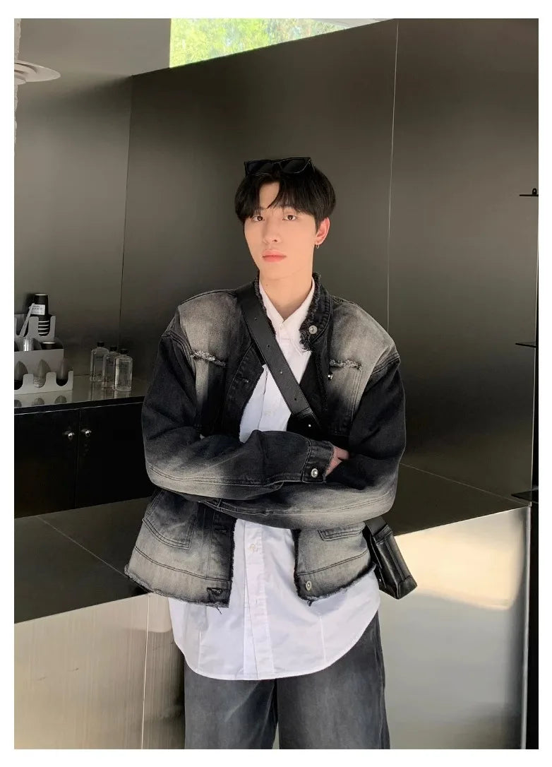 Riolio Autumn Denim Set Men Denim Jacket +Wide Leg Straight Jeans Casual Loose Solid Color Korean Style Street Stand Collar 2pcs Suit