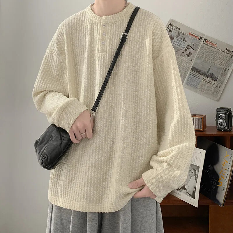 Riolio Long Sleeved T-shirt Men White Casual Round Neck T Shirt Men Streetwear Korean Loose Pleated T Shirt Mens Top Large Size 4XL