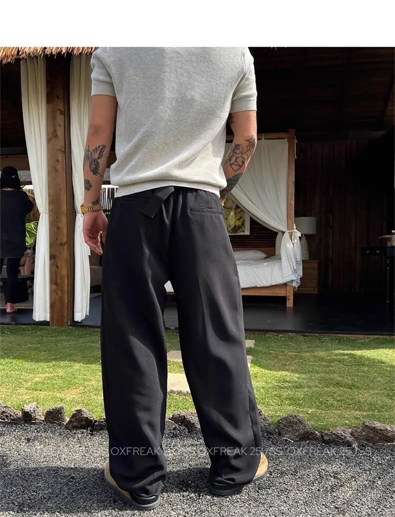 Riolio New Retro Fashion Men Suit Pants Light Luxury Draped Baggy Belt Button-down Solid Color Straight Trousers Elegant Dress Pants