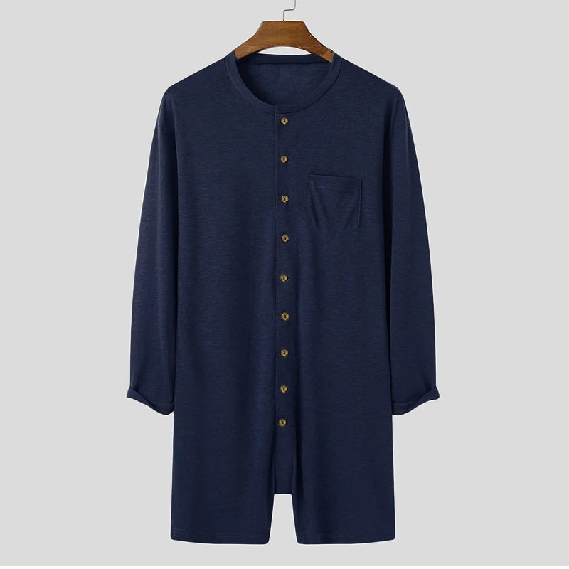 Riolio Sexy Pajamas Jumpsuit Men Solid Color Tight O Neck Long Sleeve T Shirt and Shorts New One-piece Buttons Home Clothes