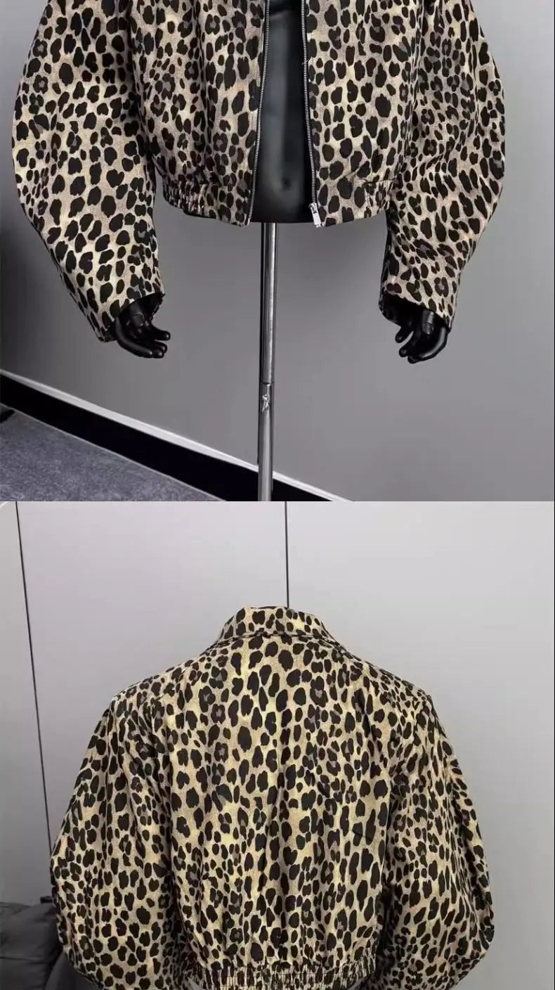 Riolio American Retro Leopard Print Jacket Men's Korean Style Style High-end Handsome Short Jacket Trendy High Street Style Denim Top