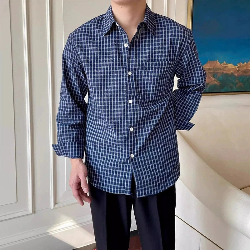 Riolio  New American Retro Men Shirts Light Luxury Textured Lapel Plaid Long Sleeve Cardigan Leisure Trendy Premium Check Blouse M-2XL