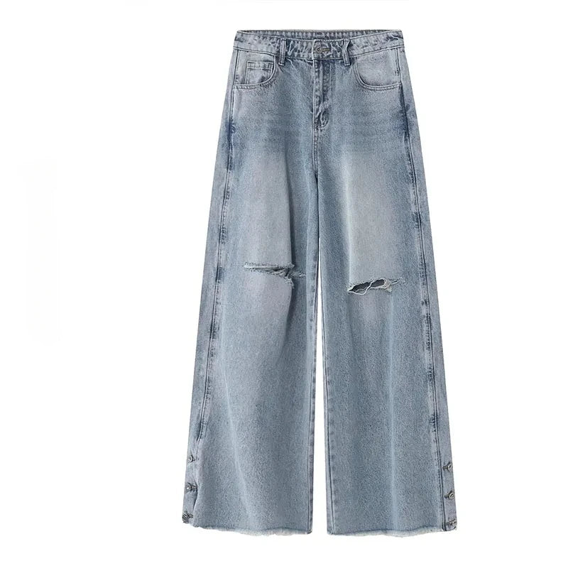 Riolio Autumn Denim Set Men Denim Jacket +Wide Leg Straight Jeans Casual Loose Solid Color Korean Style Street Stand Collar 2pcs Suit