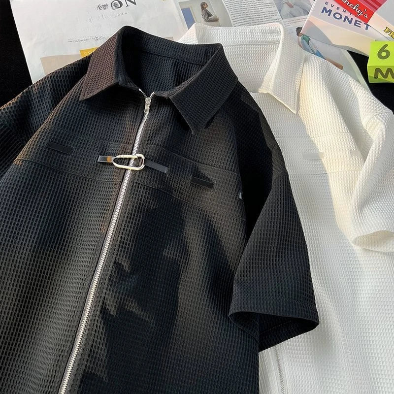 Riolio Niche Design Zipper Shirt Men's Short-sleeved Summer 2025 New Waffle High-end Casual Shirt Hip Hop Unisex Zipper Blouse