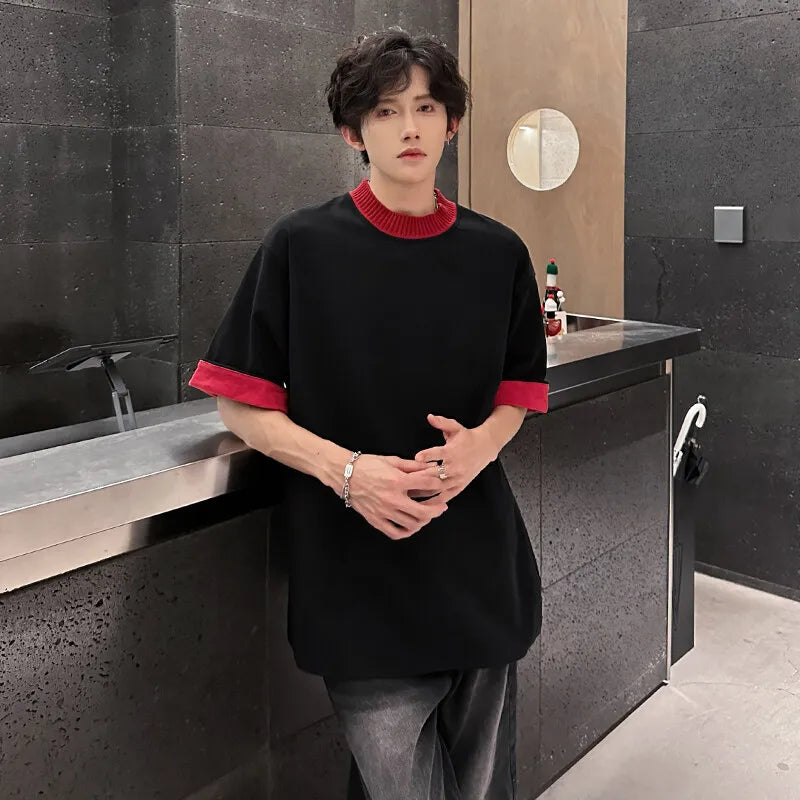 Riolio Men Loose Fit Round Neck Contrast Collar Tshirt Trendy Streetwear Casual Comfort Top Unique Style Summer Fashion Daily Wear