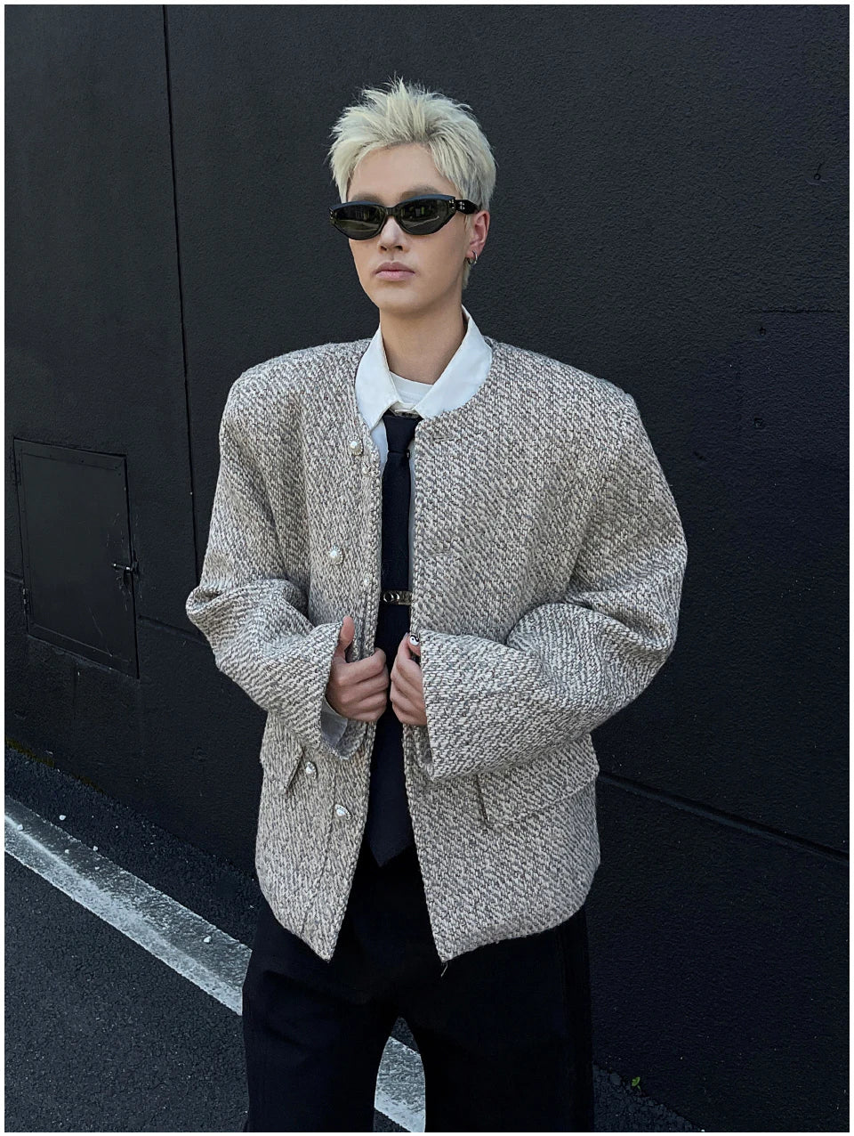 Riolio Male Elegant O-neck Blazer Coat High-end Shoulder Pad Collarless Jacket American Autumn Button Short Suit Jacket Handsome Top