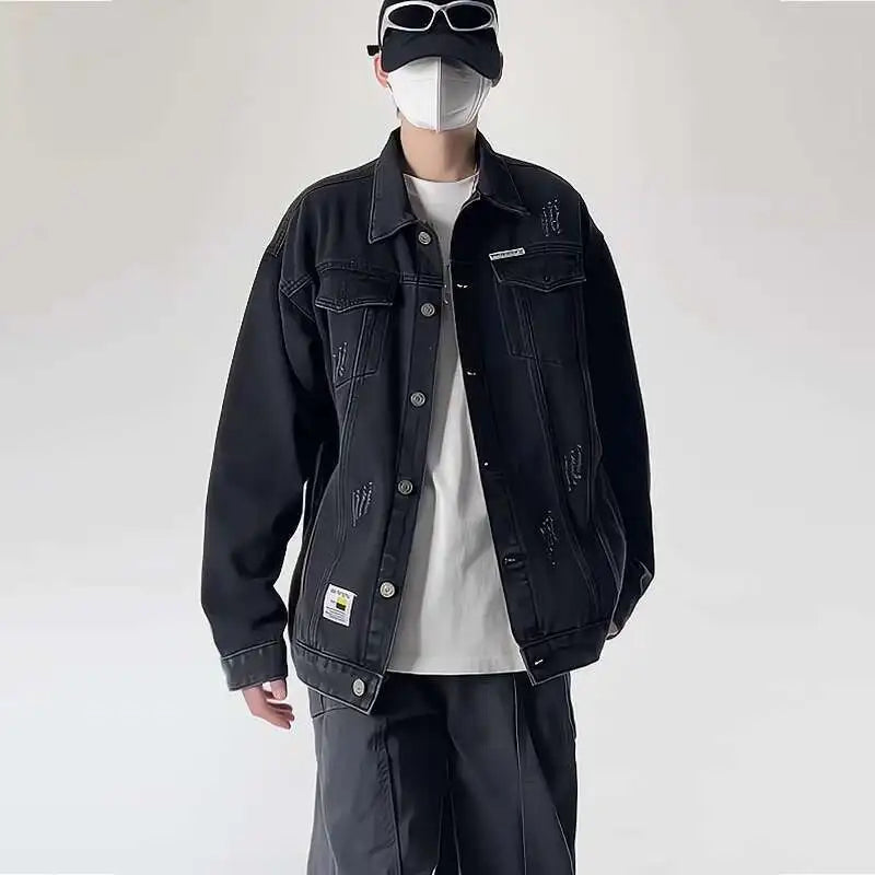 Riolio Blue Black Denim Jacket Men Fashion Retro Pocket Denim Jacket Men Streetwear Hip-hop Loose Bomber Jacket Mens Vintage Jackets