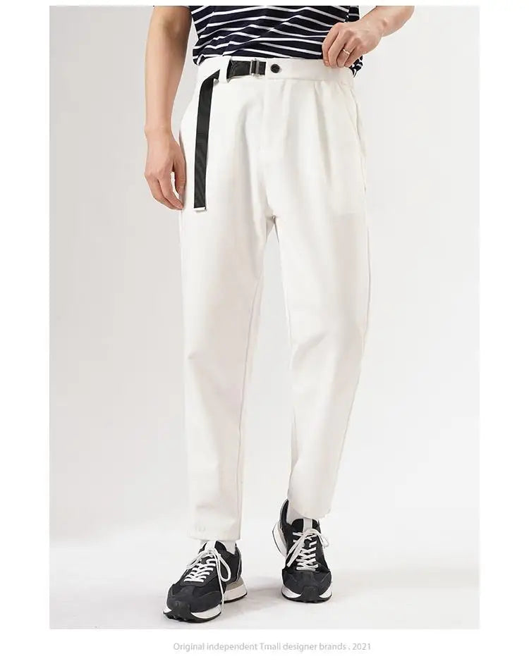 Riolio White Stretch Casual Ankle Pants Silhouette Men's Elegant Suit Pants Summer Korean Straight Loose Men's Smart Casual Trousers