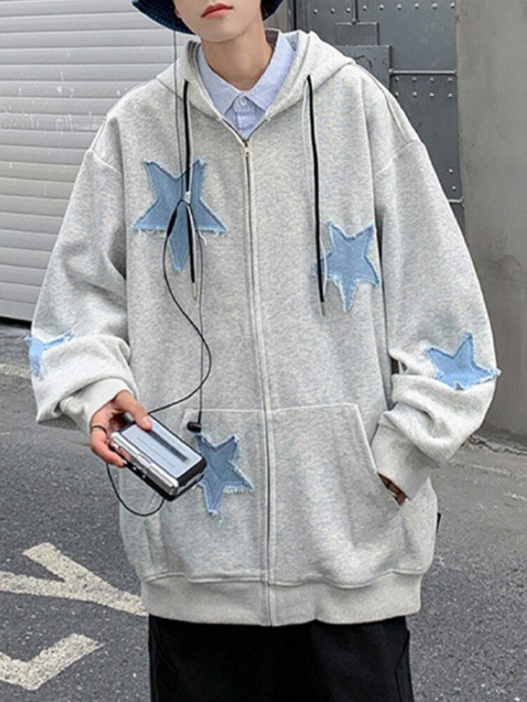 Riolio Fashion Y2k Mens Jacket Coat Harajuku Star Patch Zipper Oversized Hoodies Streetwear Hip Hop Gothic Loose Pocket Man Sweatshirts