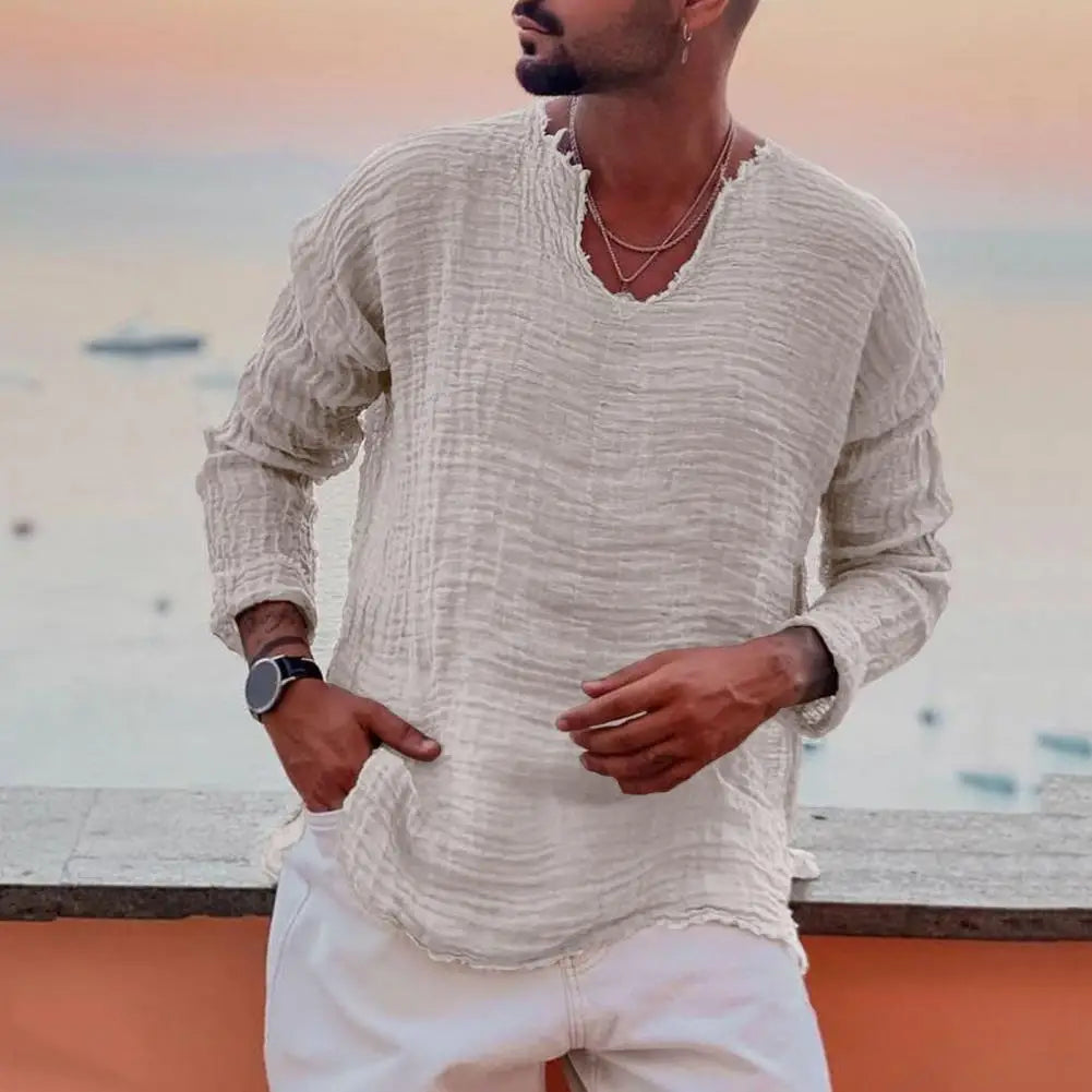 Riolio Men V-neck Long Sleeve Shirt Tops Burr Edge Pleated Loose Thin Pullover Tops Streetwear Spring Autumn Casual Handsome Men Shirts