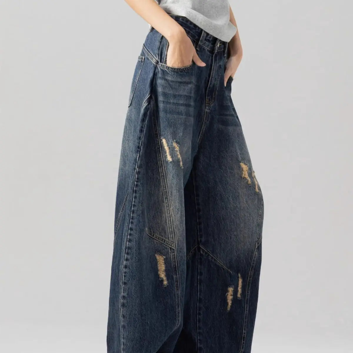 Riolio American high street men and women retro washed distressed curved knife jeans couple hip-hop loose trendy wide leg casual pants