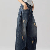 Riolio American high street men and women retro washed distressed curved knife jeans couple hip-hop loose trendy wide leg casual pants
