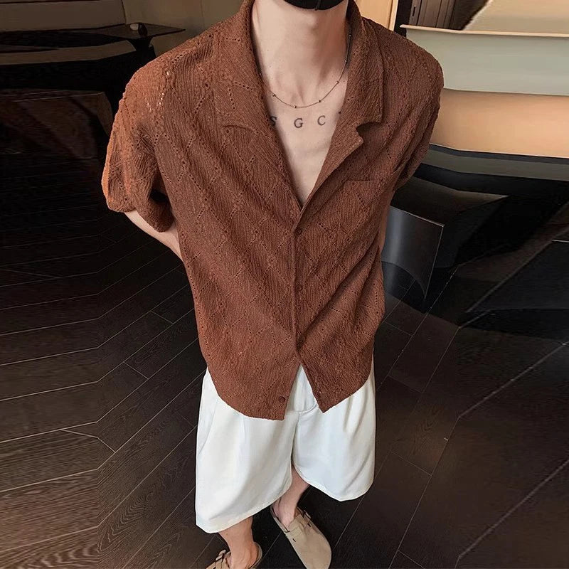 Riolio Summer Men's Clothing Light Luxury Jacquarded Suit Collar Shirts Streetwear Button-down Short Sleeve Retro Leisure Fashion M-3XL