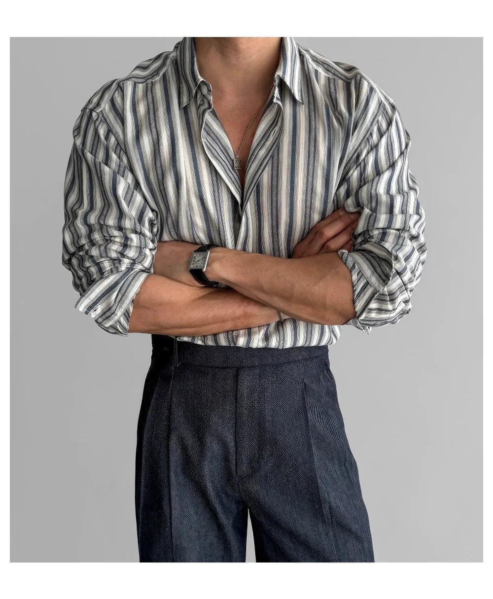 Riolio New Naples Business Men Shirts Light Luxury Textured Lapel Striped Long Sleeve Cardigan Leisure Premium Commuter Blouse M-2XL